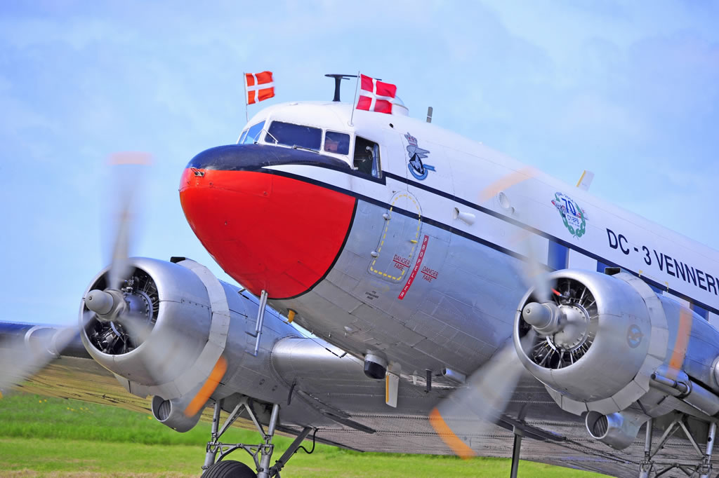 Nose view of the C-47A-DL delivered in 1944, today marked as "DC-3 Vennerne", Registration OY-BPB
